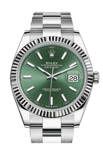 Rolex Datejust 41 Green Stick Dial White Gold Oyster Watch - Ref # 126334