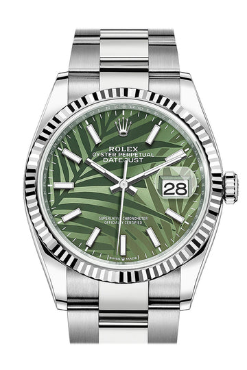 Rolex Datejust 36 Olive Green Palm Motif Dial Fluted Watch - Ref # 126234