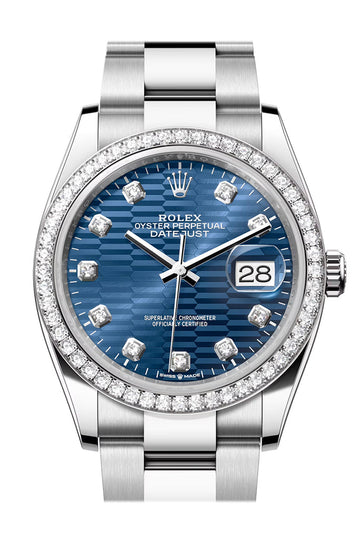 Rolex Datejust 36 Blue Fluted Motif Diamond Dial Diamond Bezel Watch - Ref # 126284RBR 126284RBR-0050