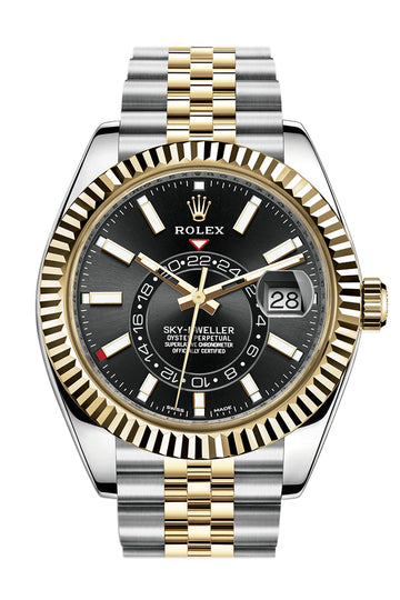 Rolex Sky Dweller Black Dial 18K Yellow Gold Bezel Two Tone Jubilee Watch - Ref # 326933