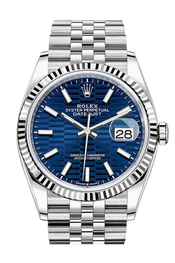 Rolex Datejust 36 Bright Blue Fluted Motif Dial Fluted Jubilee Watch - Ref # 126234