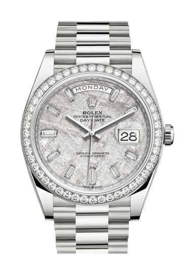 Rolex Day-Date 40 Meteorite Baguette Diamond Dial Diamond Bezel White Gold President Automatic Watch - Ref # 228349RBR 228349