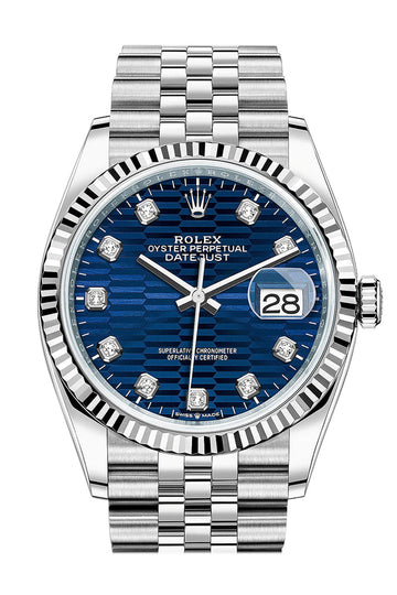 Rolex Datejust 36 Bright Blue Fluted Diamond Dial Fluted Jubilee Watch - Ref # 126234
