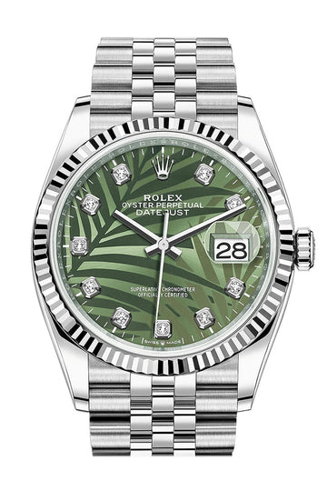 Rolex Datejust 36 Olive Green Palm Motif Diamond Dial Fluted Watch - Ref # Jubilee 126234