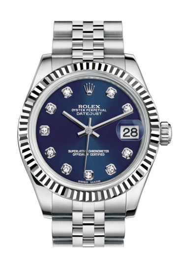 Rolex Datejust 31 Blue Set Diamonds Dial White Gold Fluted Bezel Jubilee Ladies Watch - Ref # 178274