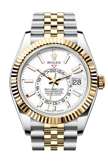 Rolex Sky Dweller 42 White Dial Yellow Gold Stainless Steel Jubilee Mens Watch - Ref # 336933