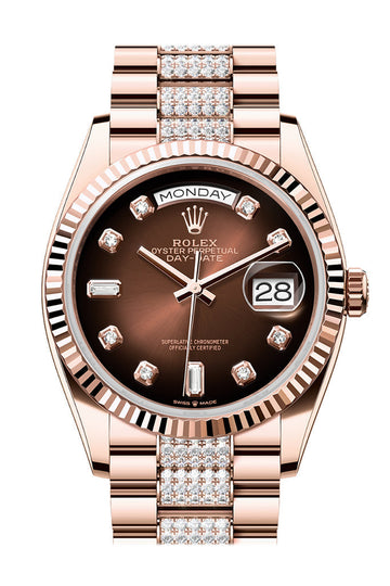 Rolex Day-Date 36 Brown ombrŽ Diamond Dial Fluted Bezel 18K Everose gold Diamond President Watch - Ref # 128235