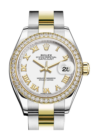 Rolex Datejust 28 White Roman Dial Diamond Bezel Yellow Gold Ladies Watch - Ref # 279383RBR 279383