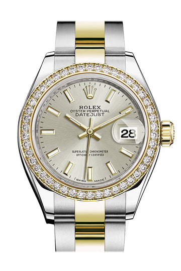 Rolex Datejust 28 Silver Dial Diamond Bezel Yellow Gold Ladies Watch - Ref # 279383RBR 279383