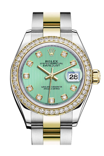 Rolex Datejust 28 Mint Green set with diamonds Dial Diamond Bezel Yellow Gold Ladies Watch - Ref # 279383RBR 279383
