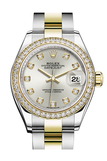 Rolex Datejust 28 Silver set with diamonds Dial Diamond Bezel Yellow Gold Ladies Watch - Ref # 279383RBR 279383