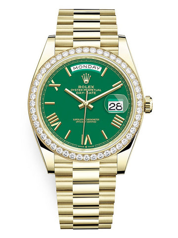 Rolex Day-Date 40 Yellow Gold Day-Date 40 Watch - Diamond Bezel - Green Roman Dial 228348rbr