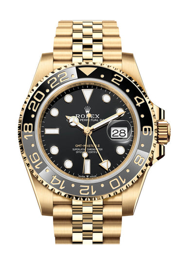 ROLEX GMT-Master II Black Dial Yellow Gold Watch - Ref # 126718GRNR