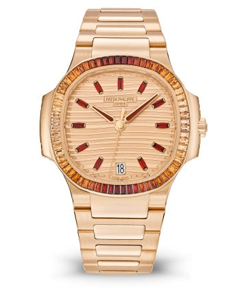 Patek Philippe Nautilus Ladies Rose Gold Baguette Cognac Bezel Watch 7118/1300R 7118/1300R-001