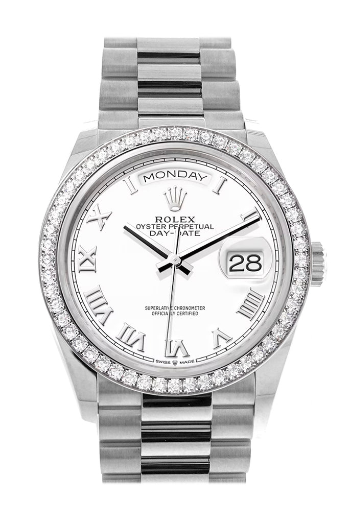 Rolex Day-Date 36 White Dial Diamond Bezel White Gold President Watch - Ref #  128349RBR