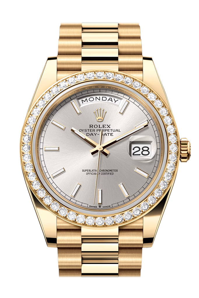 Rolex Day-Date 40 Silver Dial Diamond Bezel Yellow Gold President Watch - Ref #  228348RBR 228348