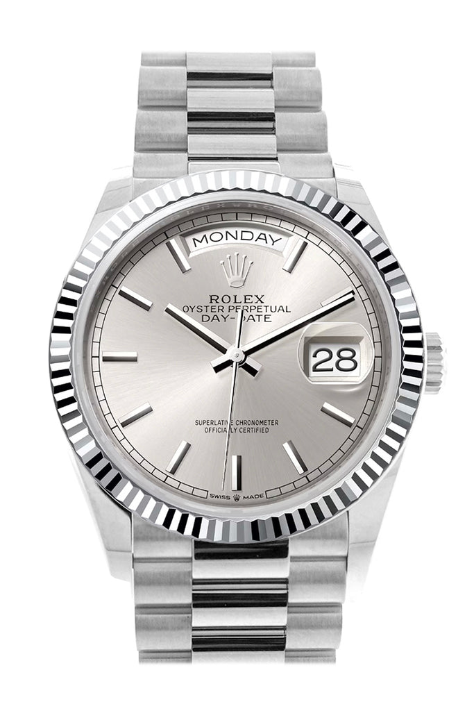 Rolex Day-Date 36 Silver Dial Fluted Bezel Platinum President Watch - Ref #  128236