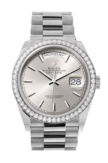 Rolex Day-Date 36 Silver Dial Diamond Bezel White gold President Watch - Ref #  128349RBR