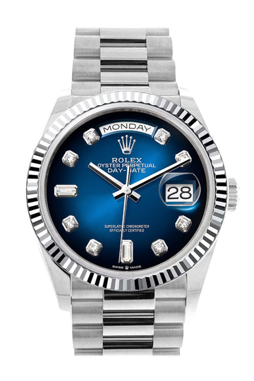 Rolex Day-Date 36 Blue ombrŽ Diamond Dial Fluted Bezel Platinum President Watch - Ref #  128236