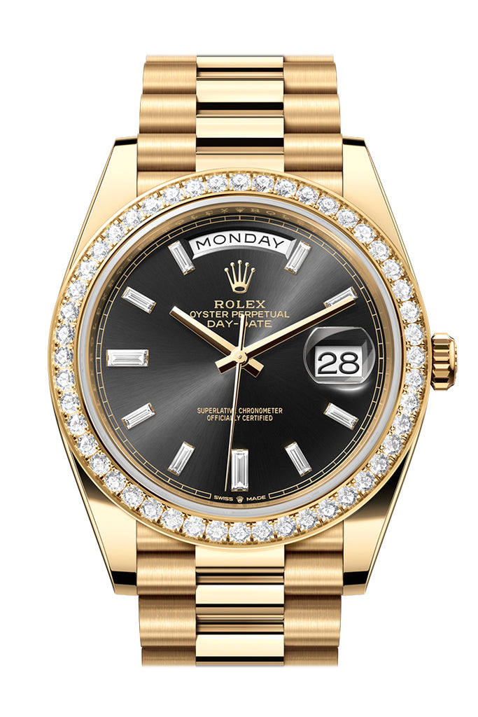 Rolex Day-Date 40 Bright Black Dial Diamonds Dial Diamond Bezel Yellow Gold President Watch - Ref #  228348RBR 228348