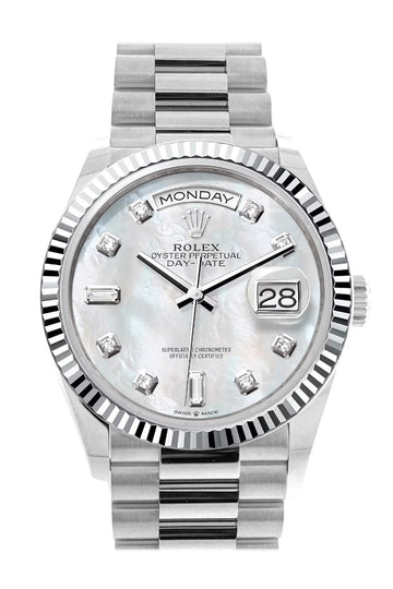 Rolex Day-Date 36 Mother of Pearl Diamond Dial Fluted Bezel Platinum President Watch - Ref #  128236