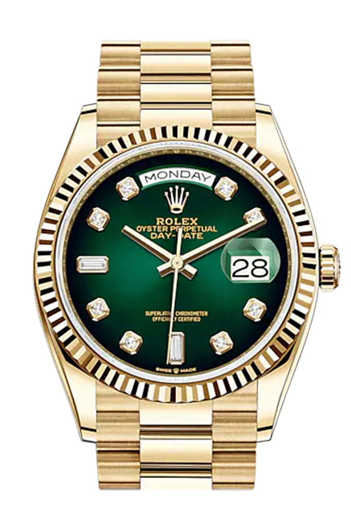 ROLEX Day-Date 36 Green Ombre Diamond Dial 18K Yellow Gold Watch - Ref #  128238