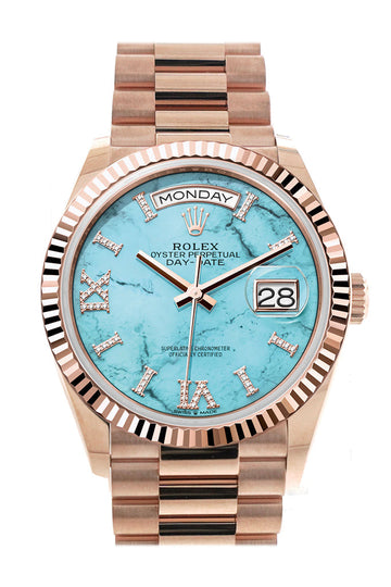 Rolex Day-Date 36 Turquoise Diamond Dial Fluted Bezel 18K Everose gold President Watch - Ref #  128235