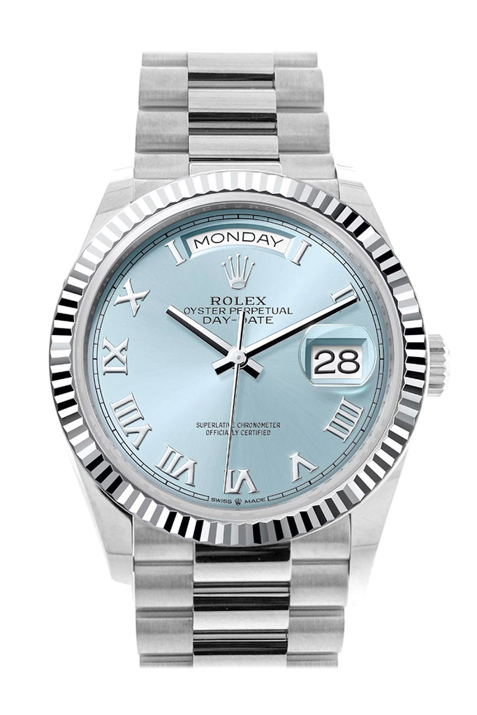 Rolex Day-Date 36 Ice Blue Roman Dial Fluted Bezel Platinum President Watch - Ref #  128236