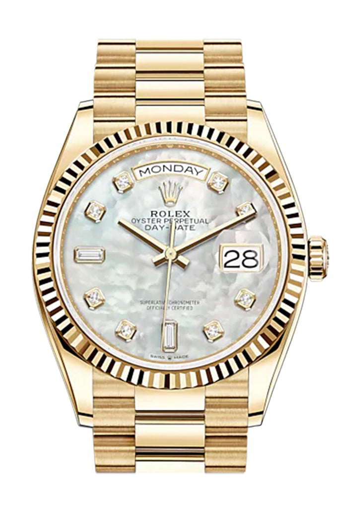 ROLEX Day-Date 36 White Mother of Pearl Diamond Dial 18K Yellow Gold Watch - Ref #  128238