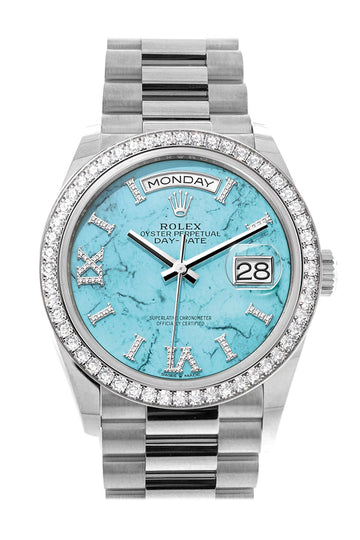 Rolex Day-Date 36 Turquoise Diamond Dial Diamond Bezel White Gold President Watch - Ref #  128349RBR