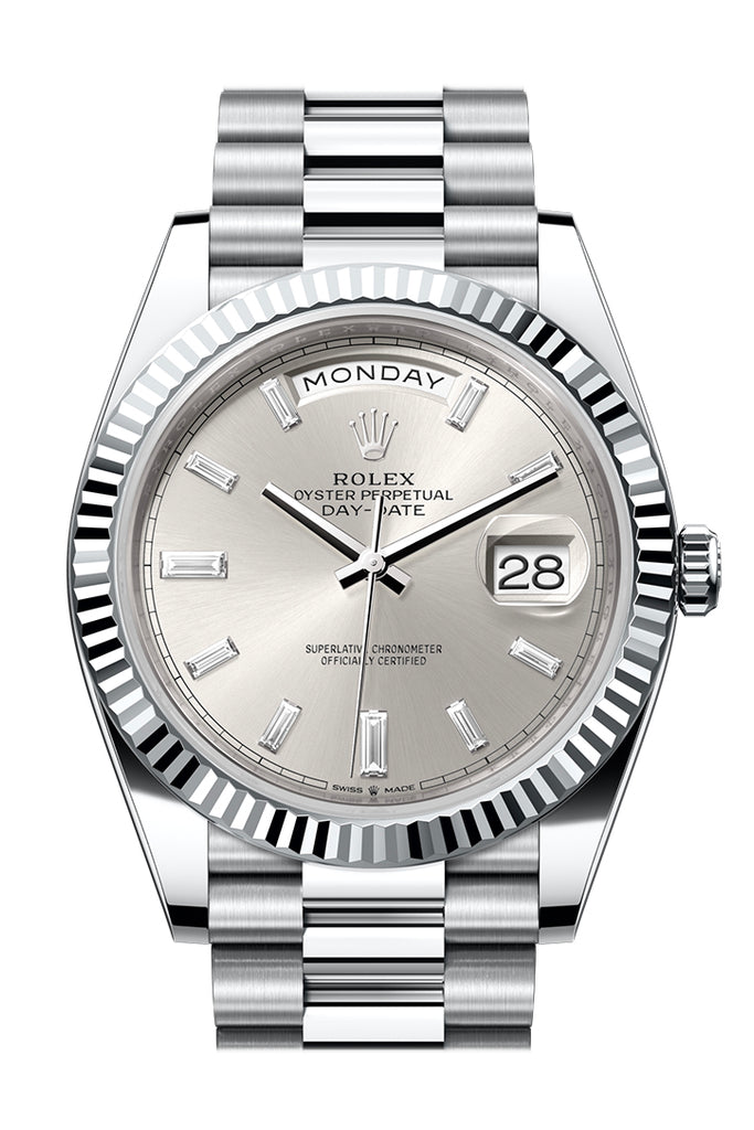 Rolex Day-Date 40 Silver Diamonds Dial Fluted Bezel Platinum President Watch - Ref #  228236