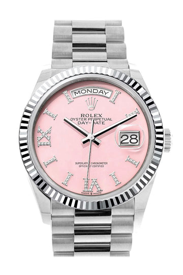 Rolex Day-Date 36 Pink Opal Diamond Dial Fluted Bezel Platinum President Watch - Ref #  128236