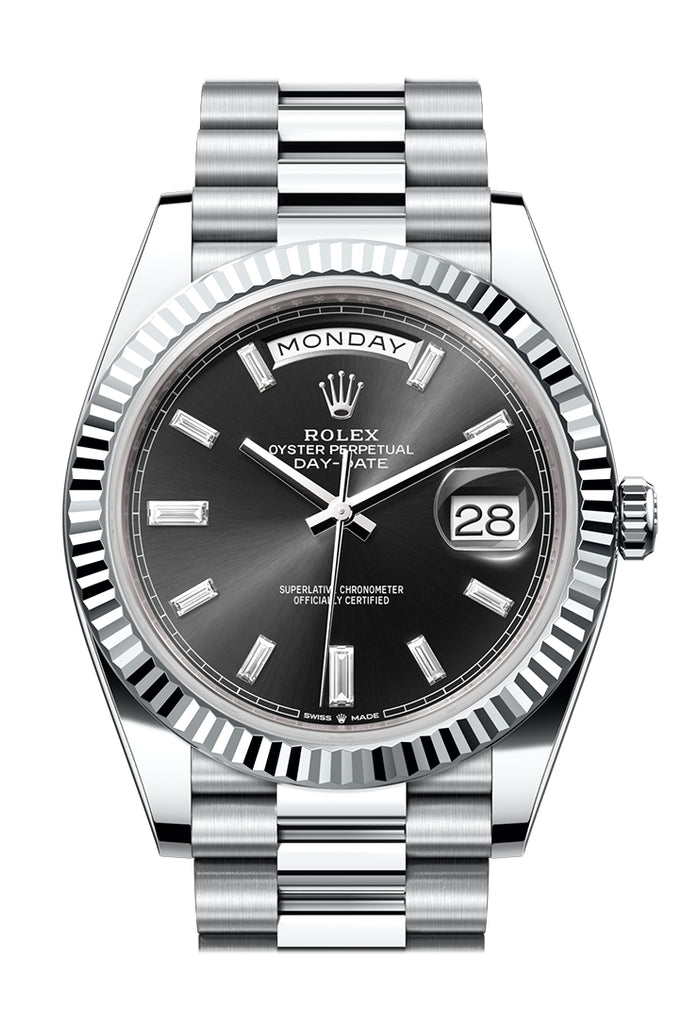 Rolex Day-Date 40 Bright Black 10 baguette-cut Diamonds Dial Fluted Bezel Platinum President Watch - Ref #  228236