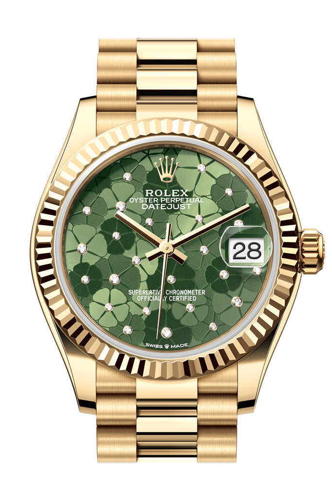 Rolex Datejust 31 Olive Green Floral Motif Diamond Dial Fluted Bezel Yellow Gold Ladies Watch - Ref #  278278 278278-0046