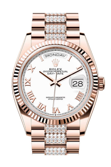 Rolex Day-Date 36 White Dial Fluted Bezel 18K Everose gold Diamond President Watch - Ref #  128235