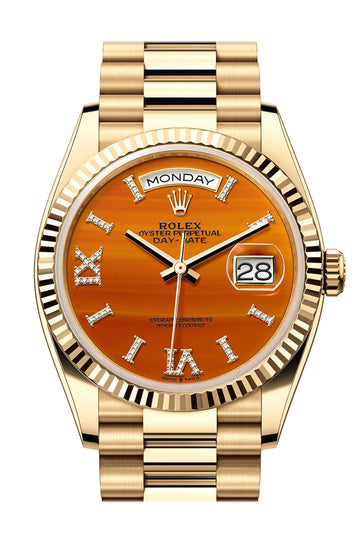 Rolex Day-Date 36 Carnelian Dial Gold Fluted Bezel Yellow Gold Watch - Ref #  128238