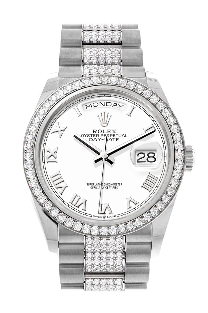 Rolex Day-Date 36 White Dial Diamond Bezel White Gold Diamond President Watch - Ref #  128349RBR