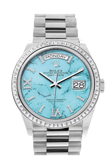 Rolex Day-Date 36 Turquoise Dial Diamond Bezel Platinum President Watch - Ref #  128396TBR