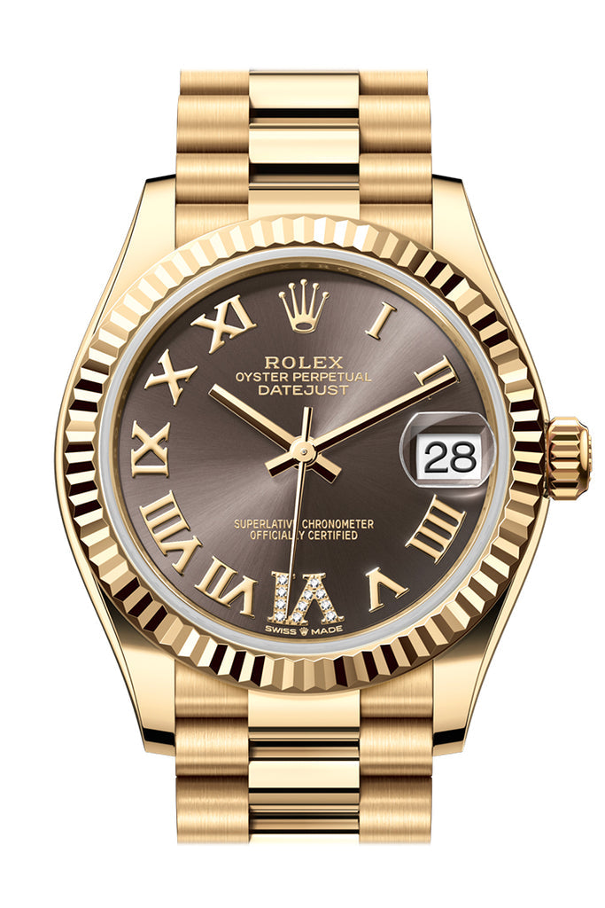 Rolex Datejust 31 Dark Grey Roman Dial Fluted Bezel Yellow Gold Ladies Watch - Ref #  278278 278278-0032