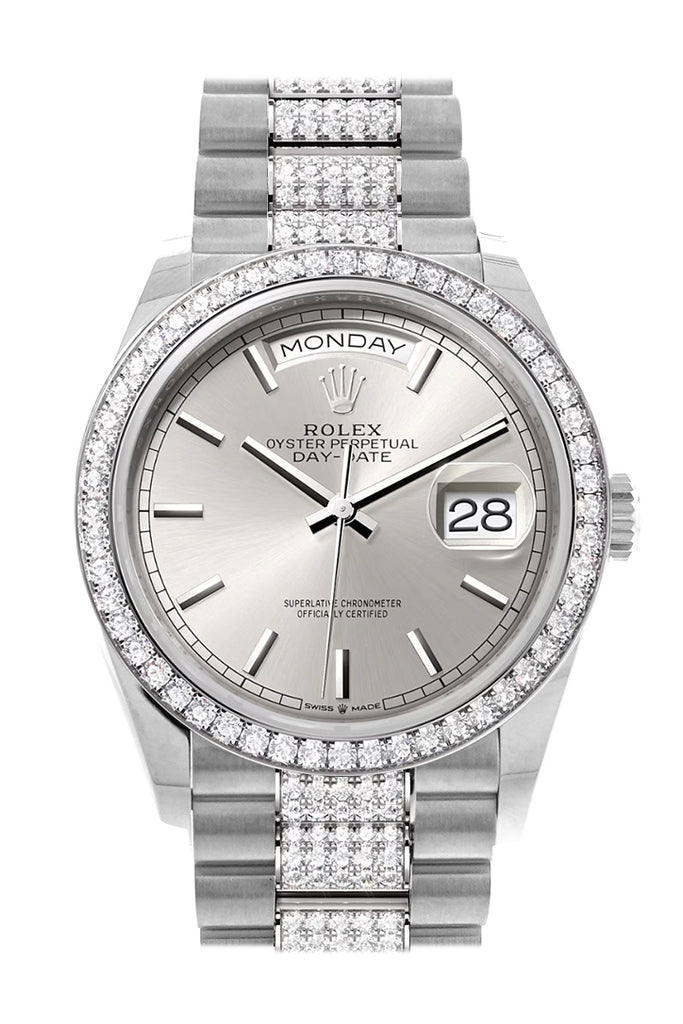 Rolex Day-Date 36 Silver Dial Diamond Bezel White Gold Diamond President Watch - Ref #  128349RBR