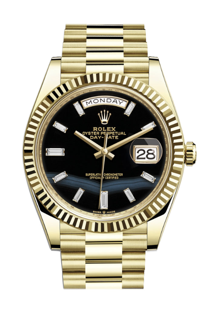 Rolex Day-Date 40 Onyx 10 Baguette Diamond Dial 18K Yellow Gold President Watch - Ref #  228238