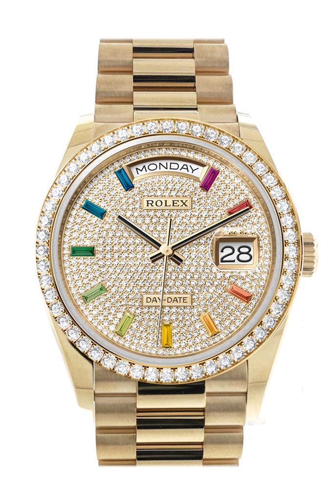 Rolex Day-Date 36 Paved Rainbow Sapphire Dial Gold Diamond Bezel Diamond President Watch - Ref #  128348RBR-0030 128348RBR