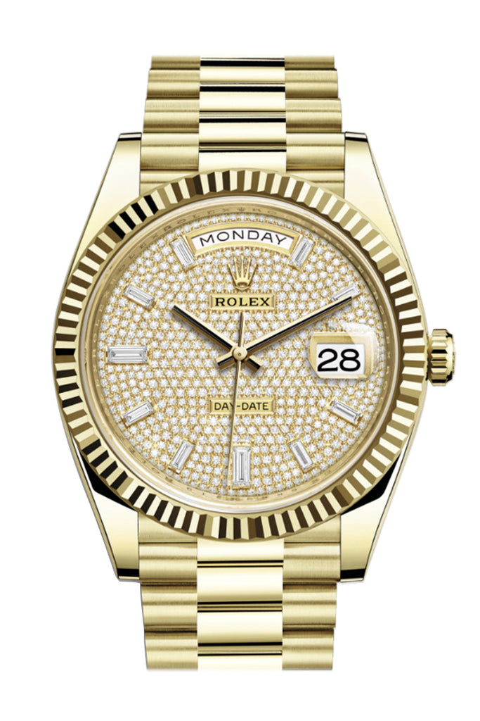 Rolex Day-Date 40 Diamond Paved 10 Baguette Diamond Dial 18K Yellow Gold President Watch - Ref #  228238