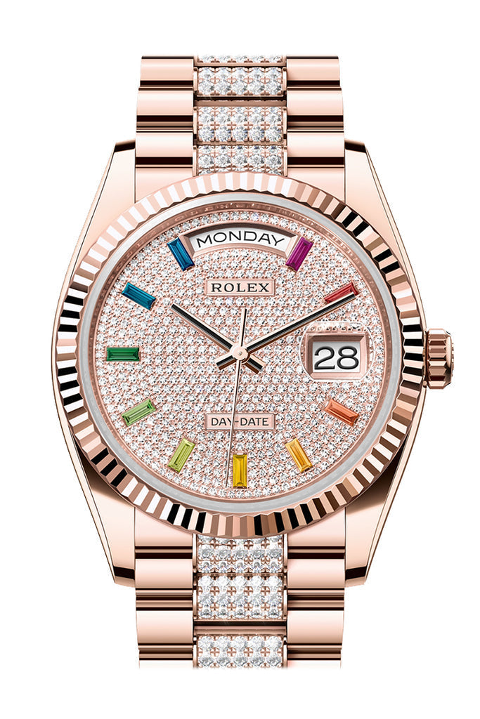 Rolex Day-Date 36 Diamond Paved Dial Fluted Bezel 18K Everose gold Diamond President Watch - Ref #  128235