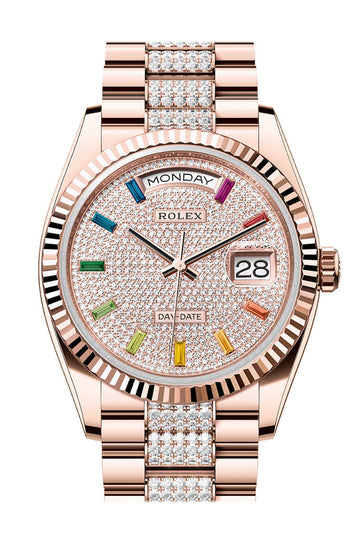 Rolex Day-Date 36 Diamond Paved Dial Fluted Bezel 18K Everose gold Diamond President Watch - Ref #  128235