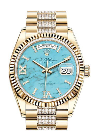 ROLEX Day-Date 36 Turquoise Dial 18K Yellow Gold Watch - Ref #  Diamond set president Bracelet 128238