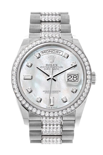 Rolex Day-Date 36 Mother of Pearl Diamond Dial Diamond Bezel White Gold Diamond President Watch - Ref #  128349RBR