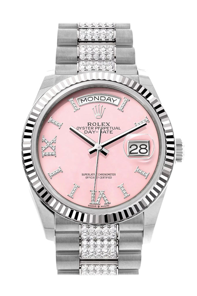 Rolex Day-Date 36 Pink Opal Diamond Dial Fluted Bezel White Gold Diamond President Watch - Ref #  128239