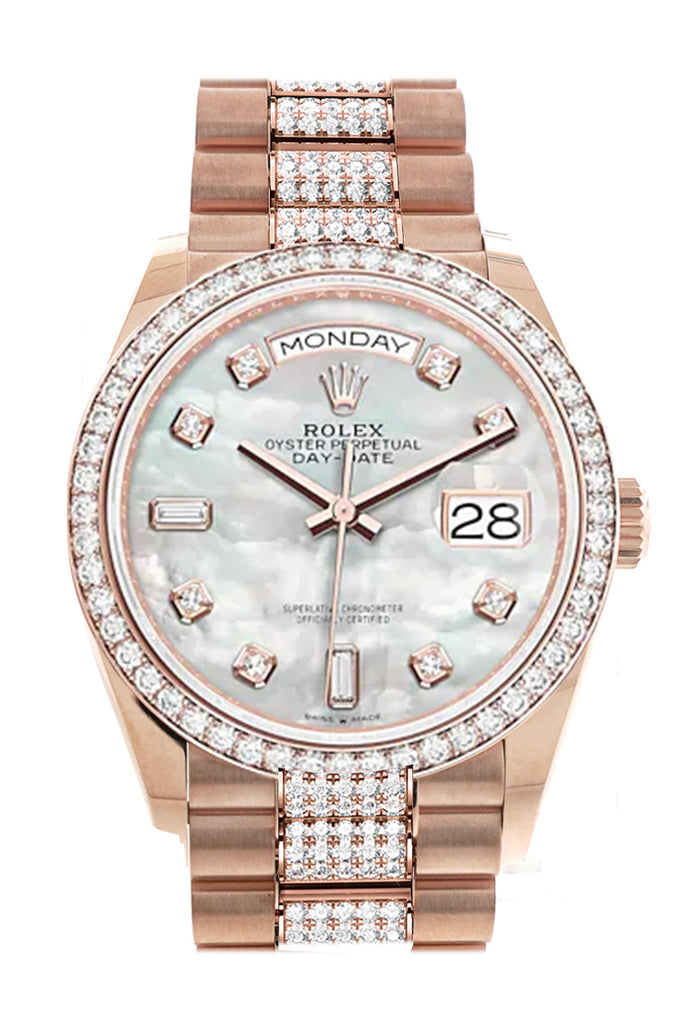 Rolex Day-Date 36 Mother of Pearl Diamond Dial Diamond Bezel 18K Everose Gold Diamond President Watch - Ref #  128345RBR