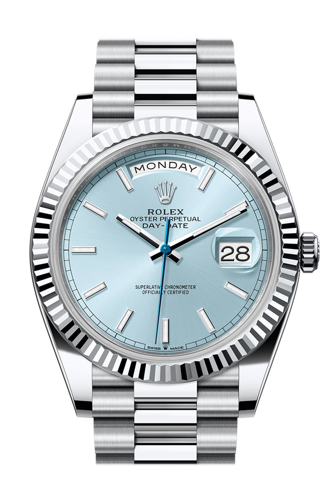 Rolex Day-Date 40 Ice-Blue Dial Dial Fluted Bezel Platinum President Watch - Ref #  228236